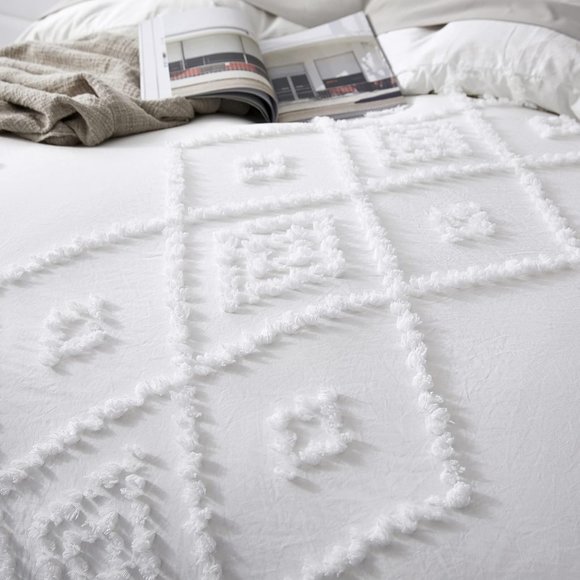 NEW Boho White Tufted Style Jungalow Bohemian KING 3PC DUVET Cover Bedding SET - Picture 4 of 6